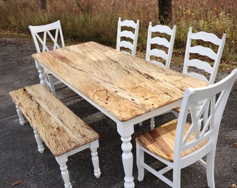 White and Spalted maple dining table set, 1 table, 5 chairs, and 1 bench, handmade furniture, minimalist furniture, modern furniture