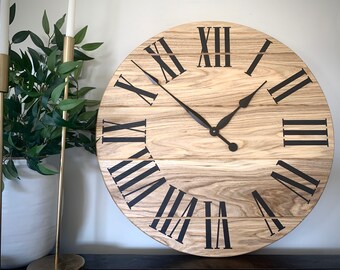 Wooden Clock, Wooden Wall Clock, Hackberry Hardwood, Black Roman Numerals, Decor, Wall Hanging, Unique Wood Art, Clock with Numbers