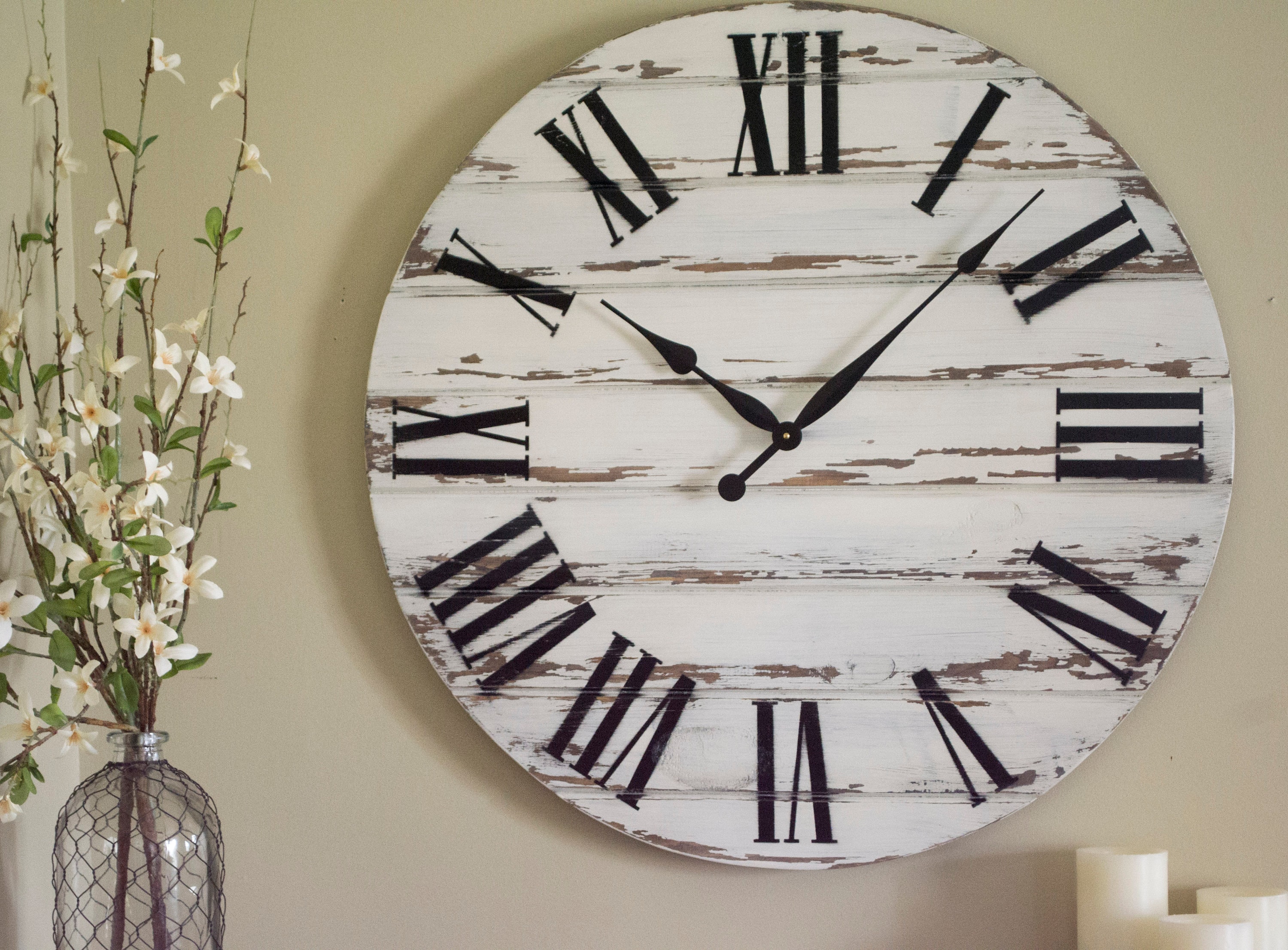 Large White Distressed Wall Clock Rustic Oversized