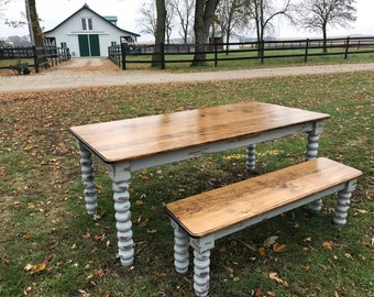 Handmade Dining Table and bench, wood dining table, unique dining table, gift for her, gift for him, gift for home, grey dining table