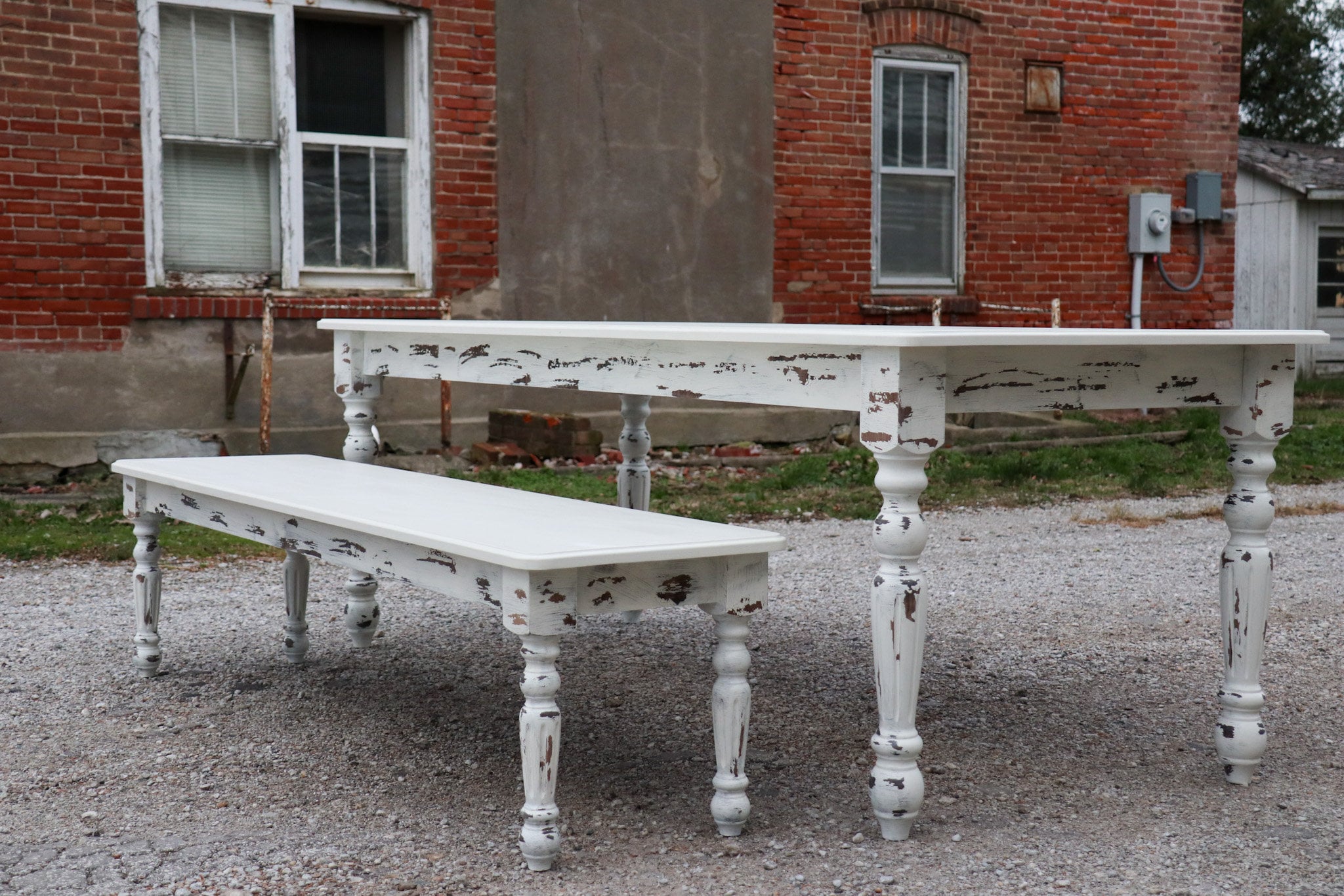 White Farmhouse Dining Table & Bench With Distressed Legs - Etsy