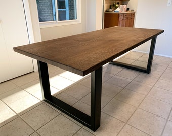Modern Quartersawn White Oak Dining Table with Square Legs, Quartersawn White Oak Hardwood, Steel Base