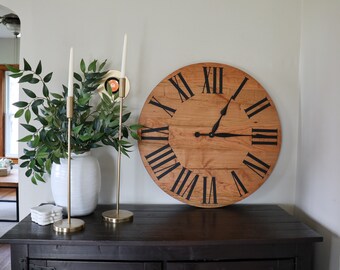 Arte de pared hecho a mano, reloj de pared de cerezo, reloj de cerezo de 26", reloj de madera, reloj de madera, reloj de pared, decoración única del hogar, decoración del hogar hecha a mano