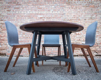 Modern Round Walnut Dining Table with Black Steel Legs