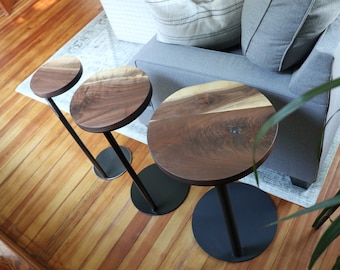 Live-edge walnut, Round industrial side table