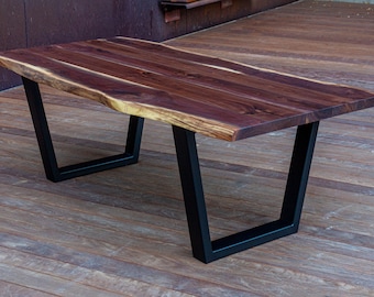 Modern Live-Edge Dining Table with Tapered Legs, Black Walnut Hardwood, Steel Base