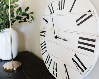Simple White Lightly Distressed Large Wall Clock, Wall Clock, Farmhouse decor, Black Roman Numerals