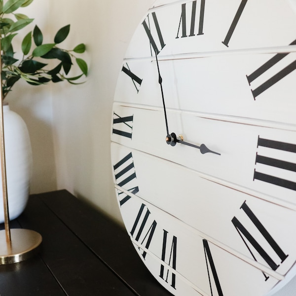 Simple White Lightly Distressed Large Wall Clock, Wall Clock, Farmhouse decor, Black Roman Numerals