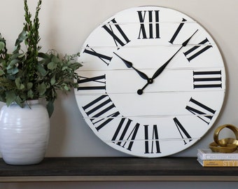 White Farmhouse Clock, Slightly Distressed, Wooden Clock, Wall clock, Decor, Wall Hanging, Unique Wood Art, Clock with Numbers