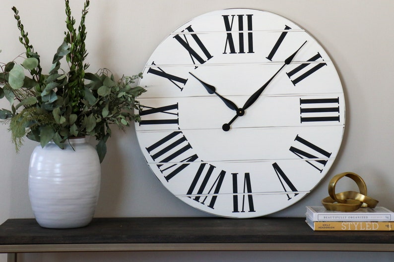 White Farmhouse Clock, Slightly Distressed, Wooden Clock, Wall clock, Decor, Wall Hanging, Unique Wood Art, Clock with Numbers Roman Numerals