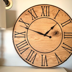 Large Flat Sawn White Oak Wood Wall Clock with Black Roman Numerals, Handmade Home Decor, Wall Hanging, Unique Wood Art, Clock with Numbers image 1