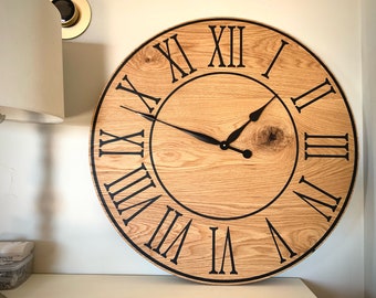 Large Flat Sawn White Oak Wood Wall Clock with Black Roman Numerals, Handmade Home Decor, Wall Hanging, Unique Wood Art, Clock with Numbers