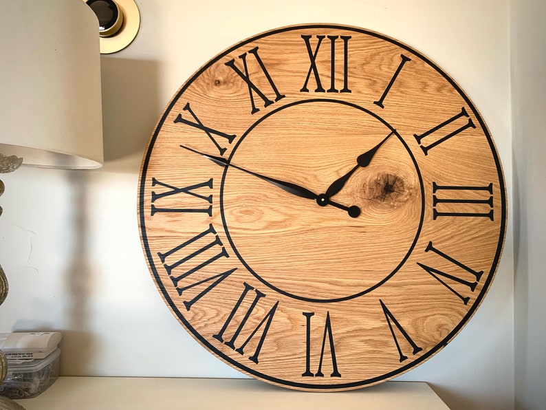 Large Flat Sawn White Oak Wood Wall Clock with Black Roman Numerals, Handmade Home Decor, Wall Hanging, Unique Wood Art, Clock with Numbers image 1