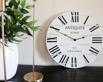 French Style White Lightly Distressed Large Wall Clock, Wall Clock, Handmade decor, Black Roman Numerals, gift for her, gift for him