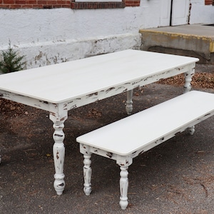 White Farmhouse Dining Table & Bench with Distressed Legs, Traditional Style, Modern, Farm Table, Farmhouse Table, Trestle Table