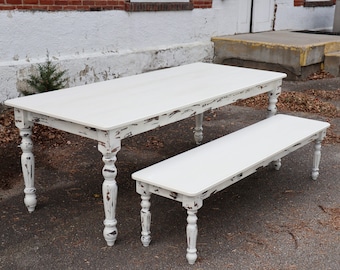 White Farmhouse Dining Table & Bench with Distressed Legs, Traditional Style, Modern, Farm Table, Farmhouse Table, Trestle Table