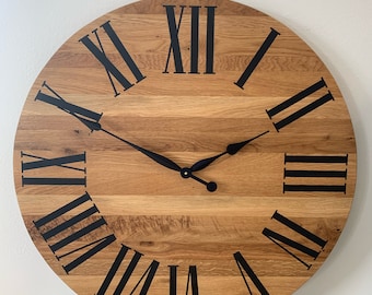 Reloj grande de roble blanco, reloj de pared grande, reloj de madera, números romanos, decoración, colgante de pared, arte de madera único, reloj con números