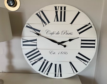 Cafe de Paris White Farmhouse Clock, Slightly Distressed, Wooden Clock, Wall clock, gift for her, gift for him, wall decor, wall art