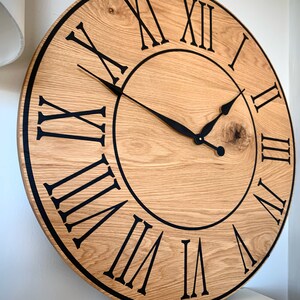 Large Flat Sawn White Oak Wood Wall Clock with Black Roman Numerals, Handmade Home Decor, Wall Hanging, Unique Wood Art, Clock with Numbers image 2