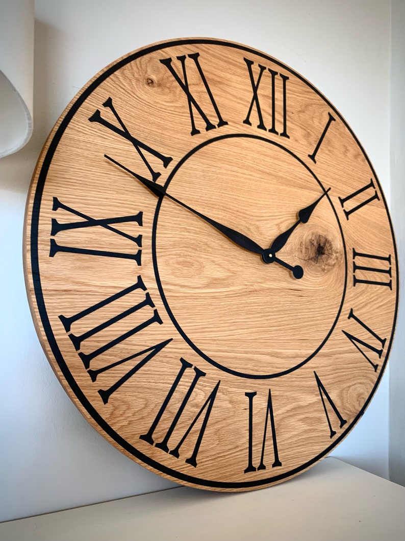 Large Flat Sawn White Oak Wood Wall Clock with Black Roman Numerals, Handmade Home Decor, Wall Hanging, Unique Wood Art, Clock with Numbers image 2