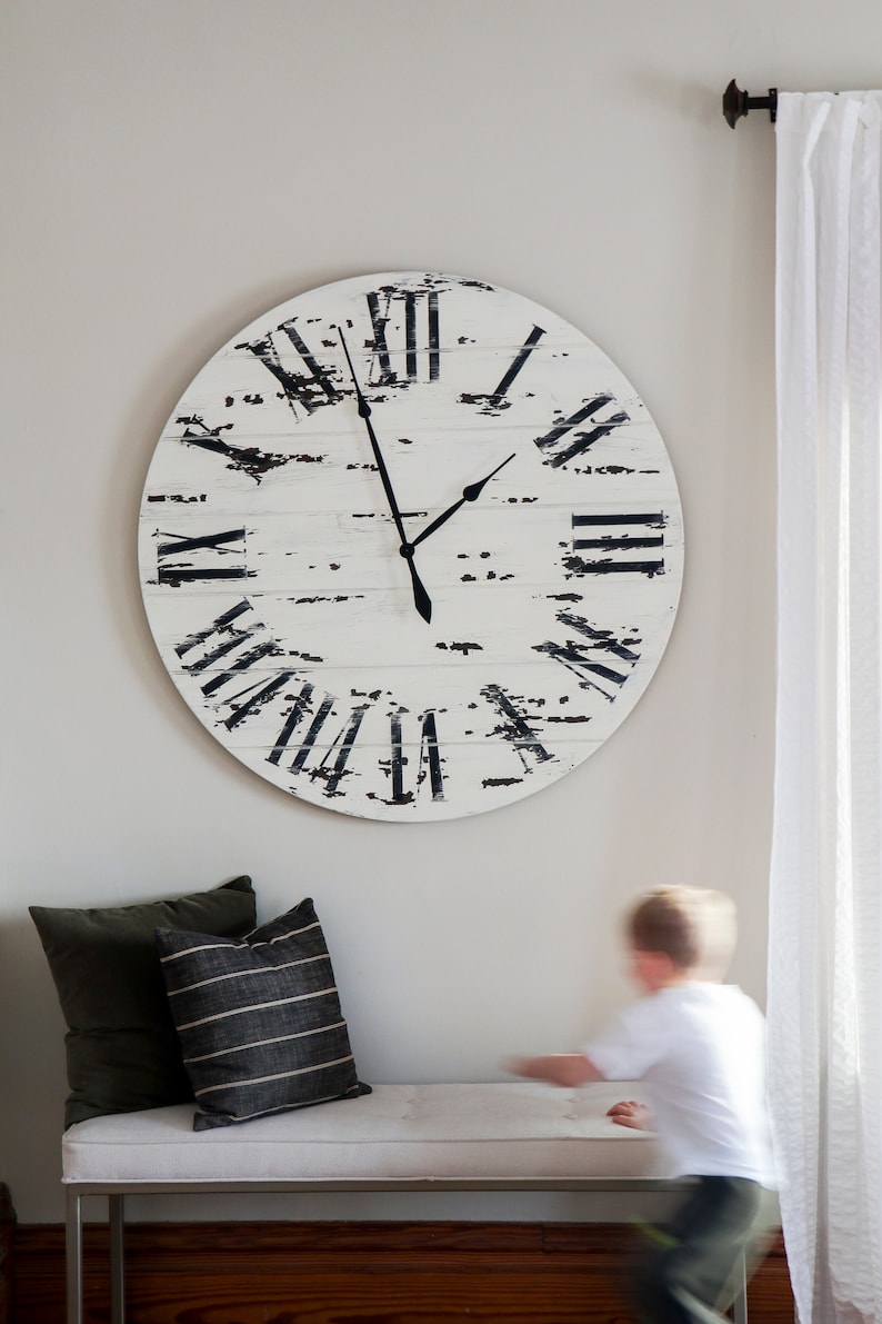 White Distressed Wall Clock Large Wall Clock Farmhouse Style Etsy
