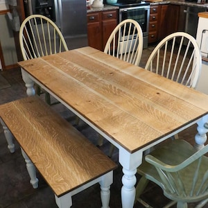 Quartersawn White Oak Farmhouse Dining Table, wood table, farm table, rustic table, turned legs with bench