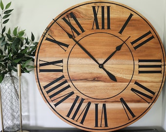 Large Wall Clock, Quartersawn Sycamore, Hardwood Clock, Roman Numerals, gift for her, gift for him, home furniture, handmade decor