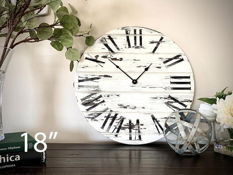 White Distressed Wall Clock Large Wall Clock Farmhouse Style Etsy