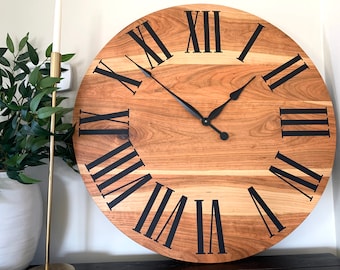 Large Cherry Wall Clock, wooden clock, hardwood clock, Wall Hanging, Unique Wood Art, Clock with Numbers, gift for her, gift for him