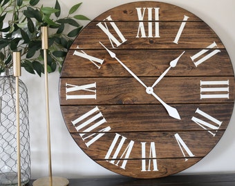 Reloj de pared desgastado grande, reloj manchado, reloj pintado, reloj de gran tamaño, decoración, colgante de pared, arte de madera único, reloj con números