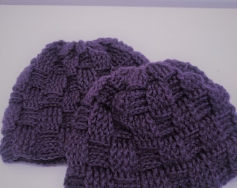 Toddler Crochet Beanie 100% Merino, 5.5" length, Purple Basket weave design
