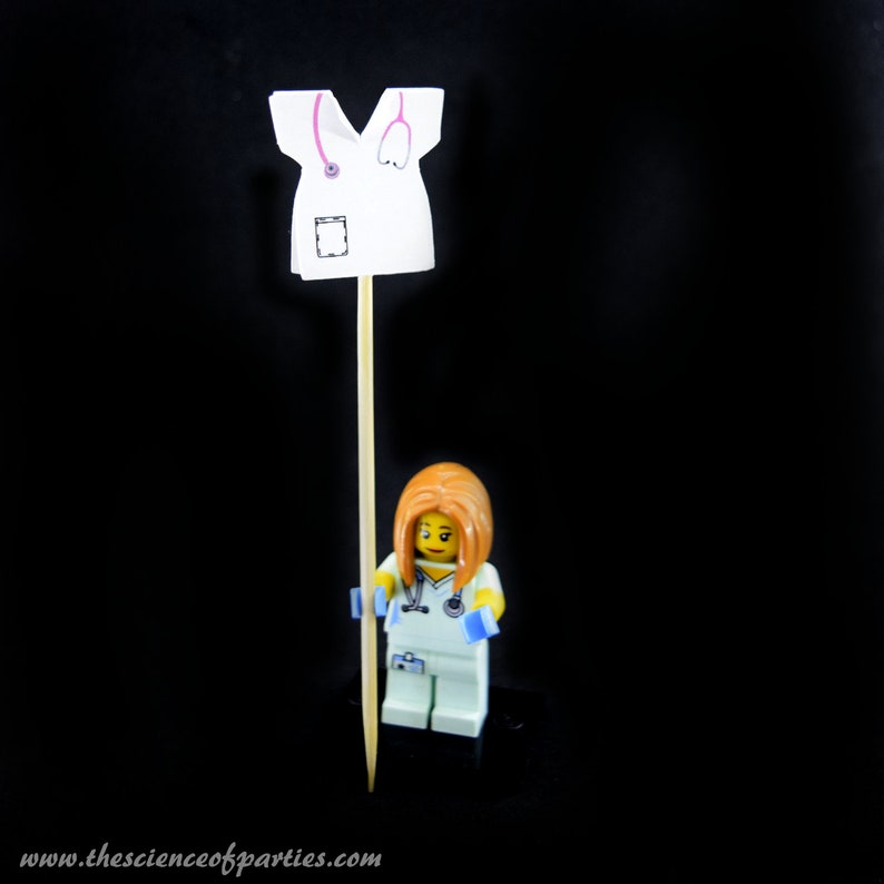 Doctornurse white shirt with pink stethoscope cupcake topper; Hors d/'oeuvres picks; Appetizer picks