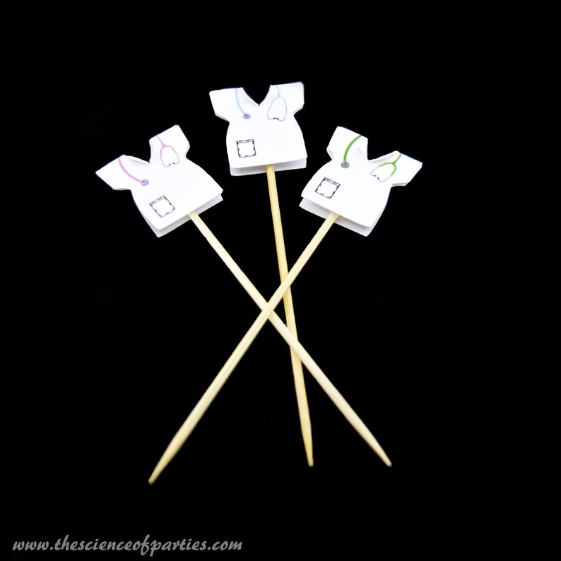 Doctornurse white shirt with pink stethoscope cupcake topper; Hors d/'oeuvres picks; Appetizer picks
