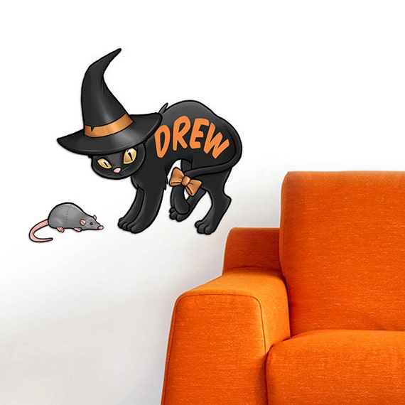 Personalized Halloween Black Cat in Witch Hat With Stuffed Mouse