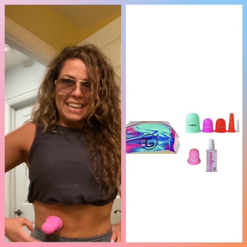 May include: A set of four silicone suction cups in pink, green, and red, a bottle of oil, and a holographic makeup bag with the letter G on it. The cups are used for body massage.