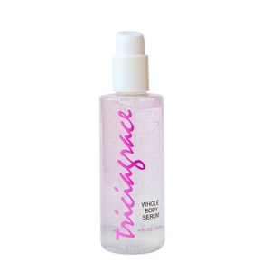 May include: A clear plastic bottle with a white pump dispenser. The bottle is filled with a clear liquid and has a pink label that says "virgin juice" and "whole body serum". The label also says "4 fl oz / 120 ml".