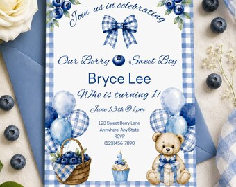 Berry Sweet Boy 1st Birthday Invitation , Blueberry Birthday Invitation, Editable Canva Invite, Blue Gingham Boy Birthday, Berry Theme Party