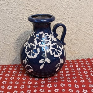 Sweet Vintage West German Ceramic Vase, Pitcher, Dark Blue With White Flowers, Made In Germany, Simple Yet Elegant, Maker's Mark, 6.5" Tall