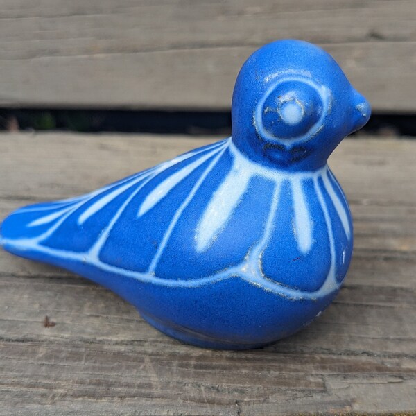 Vintage 1970's Pablo Zabal Pottery Bird Figurine Chilean Folk Art, Blue And White Sculpture, Mid Century Modern Ceramic Bird, Artist Signed
