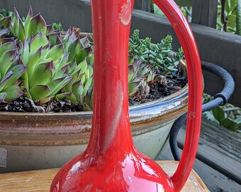 Vintage Mid Century Modern Red Ceramic Vase, Pitcher, Lovely Drip Like Glaze