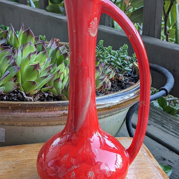 Vintage Mid Century Modern Red Ceramic Vase, Pitcher, Lovely Drip Like Glaze