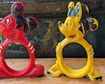 Vintage Disney, Mickey And Minnie Mouse Napkin Rings, Holders, Red And Yellow, Hard Plastic RARE