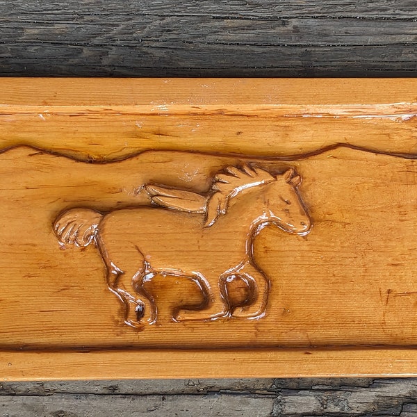 Vintage Folk Art Running Horse On Wood, Hand Carved, Wall Art