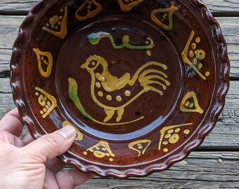 Vintage 1974 Hand Thrown Redware Art Pottery Chicken Bowl, Handpainted, Artist Signed