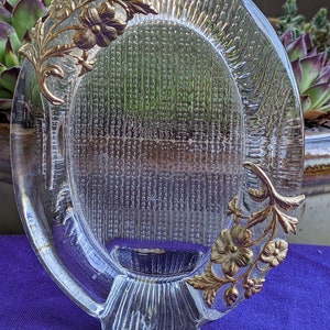 Vintage Italian Oval Clear Glass Picture Frame With Gold Metal Flowers, Heavy, Thick Glass