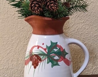 Vintage Emerson Creek Pottery Holiday Jug/Vase/Pitcher,  Pinecone And Holly Design