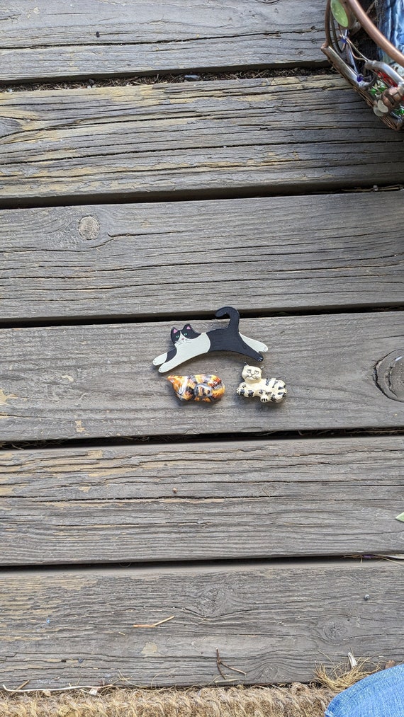 Vintage Cat Pins, Cat Broaches, Set Of Three, Hand