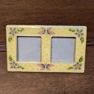 Vintage Enamel Inlay Yellow Floral And Butterfly Gold Trim Chinoiserie Oval Two Picture Frame, Small Tabletop Frame, For Two 1.5" Pictures