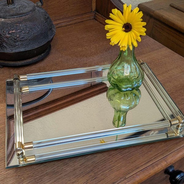 Vintage Mirrored Glass Tray, Vanity Dresser Tray With Brass Corners With Lucite Handles Mid Century Modern Decor, Vanity MCM Decor