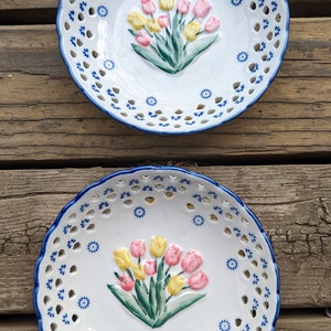 Set Of Two Vintage Delftware Porcelain Blue, Hand Painted Raised Tulip Reticulated 5 inch Bowl/Dish